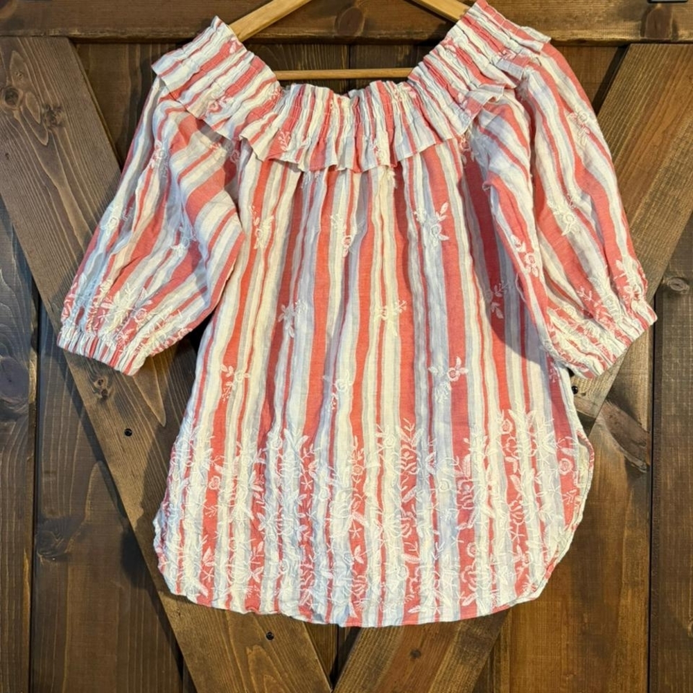 Misa Los Angelos Striped Off-Shoulder Blouse - Red and White 100% Cotton